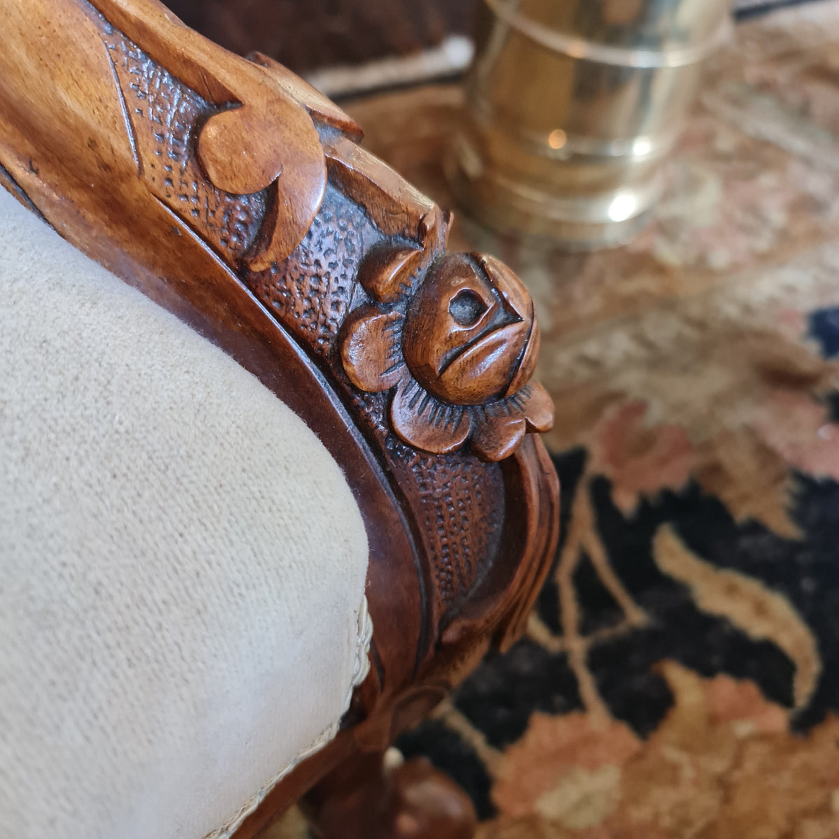 Antique Armchair Salon Style Button Back Wooden Carved