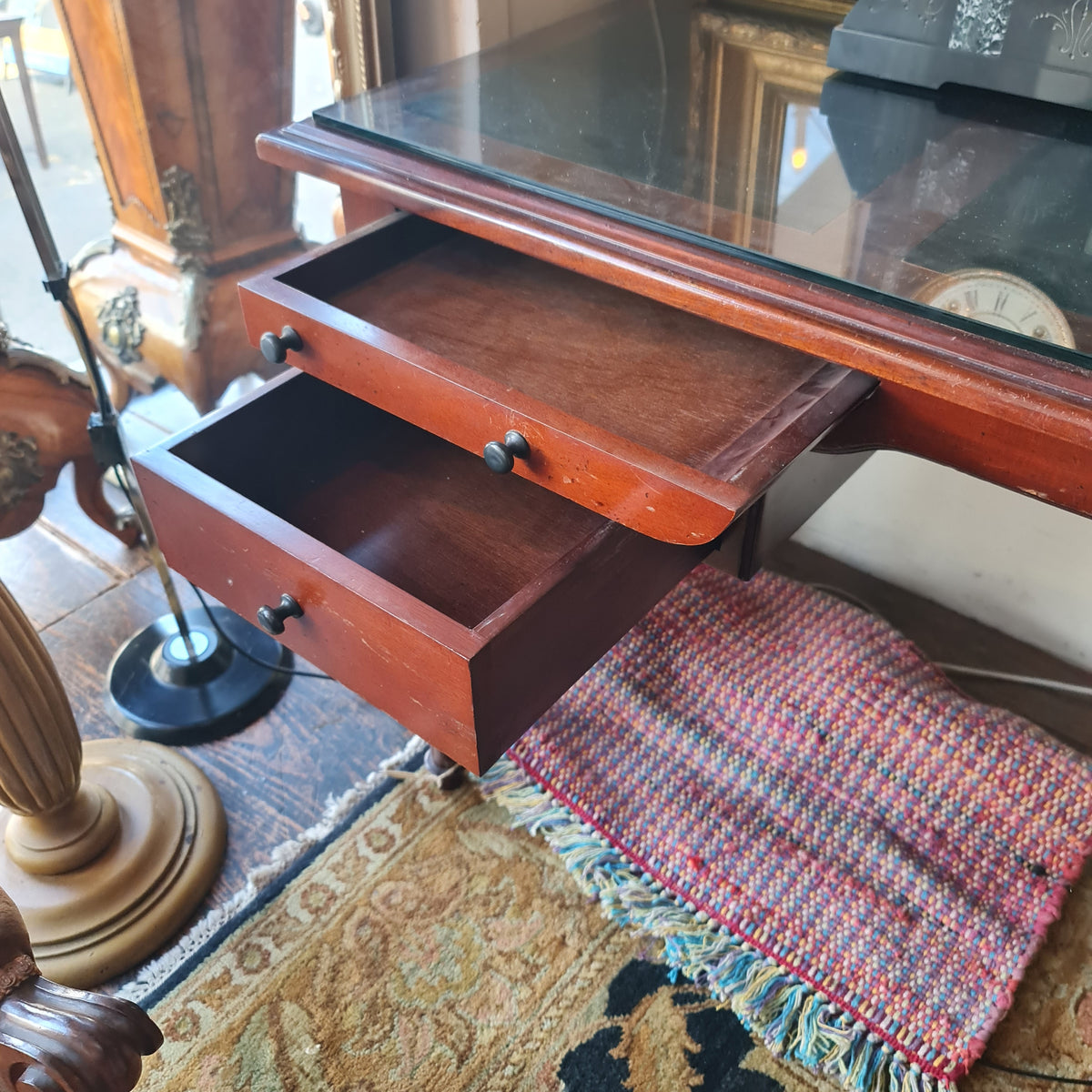 Antique Desk with Leather inset Top and Glass