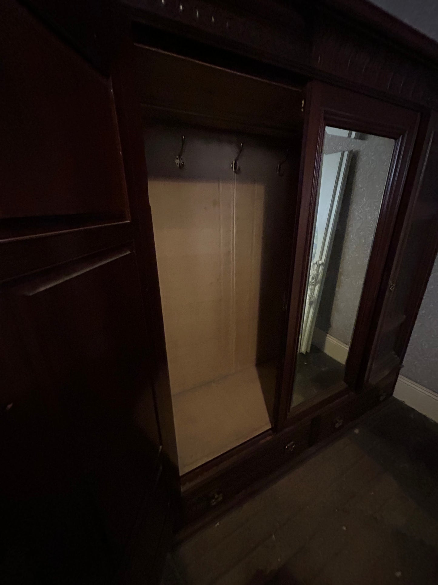 Victorian Triple Wardrobe with Carved Panels and Central Mirror