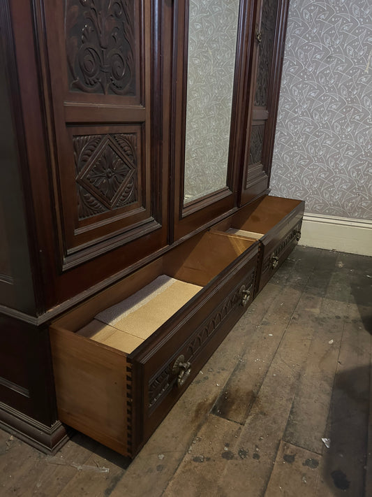 Victorian Triple Wardrobe with Carved Panels and Central Mirror