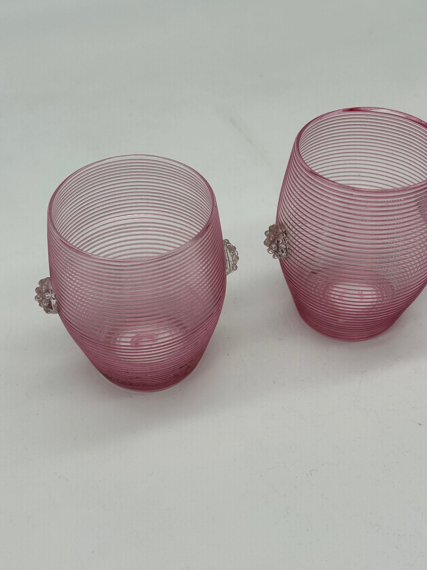 Pink Ribbed Glass Cups with Applied Clear Decoration