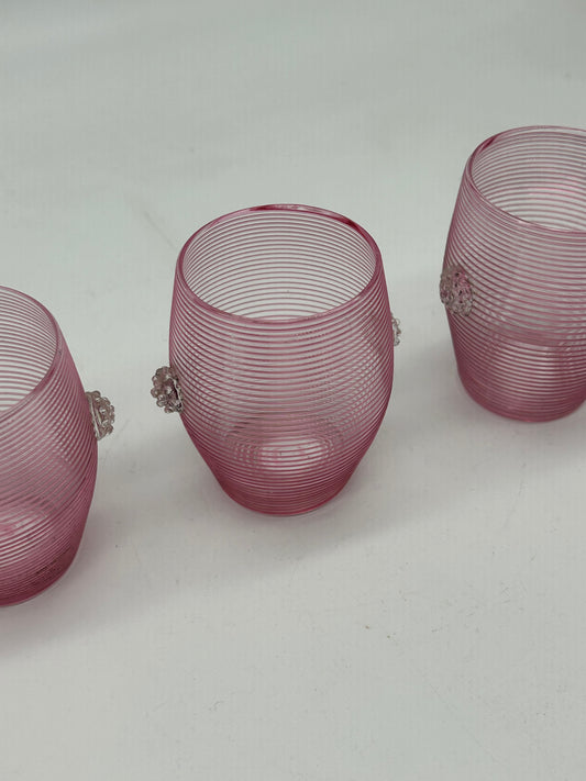Pink Ribbed Glass Cups with Applied Clear Decoration