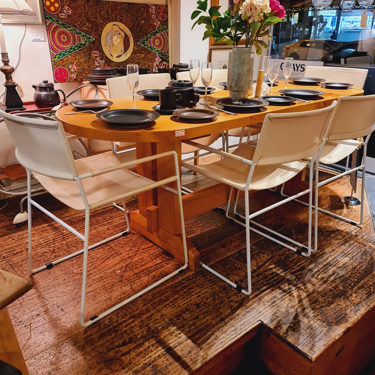 Six Danish Style Chairs with Iron Frames and Off White Leather