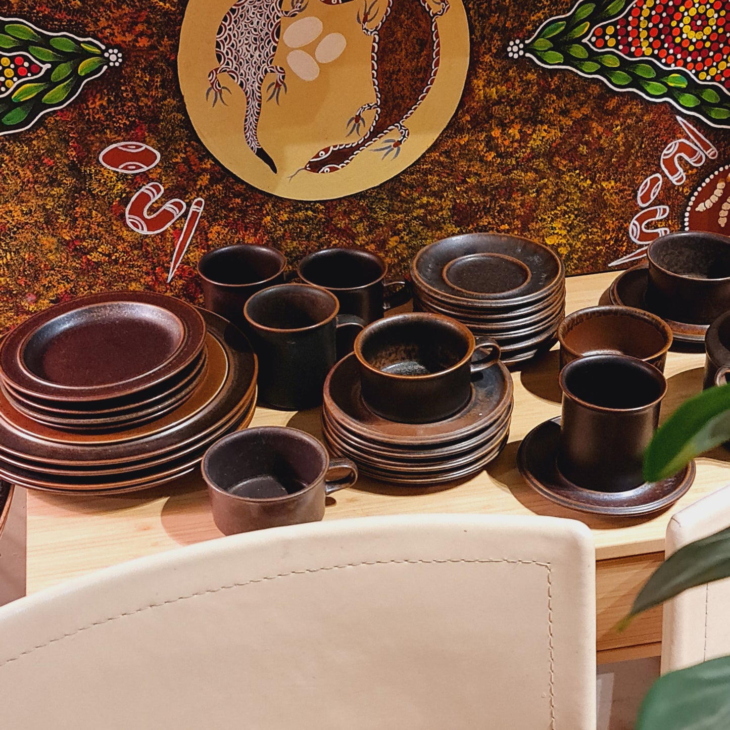 Collection of Arabia Ruska Stoneware Table Plates Cups and Teapots