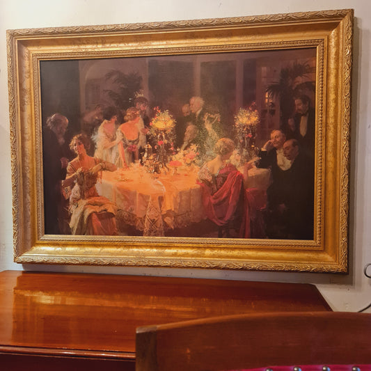 Gilt Framed Painting of Candlelit Dinner in the Impressionist Style