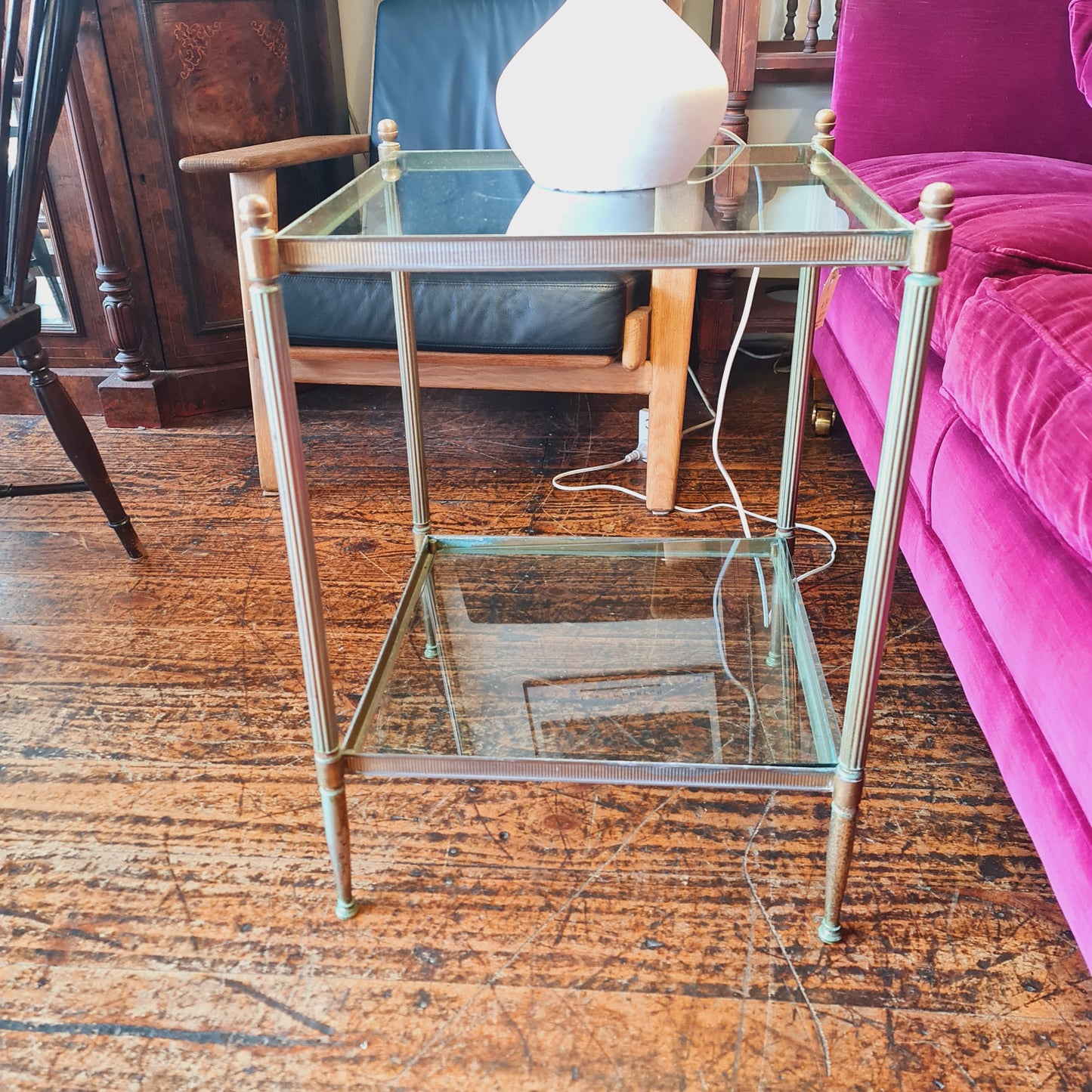 Two Tier Glass Side Table with Brass Frame