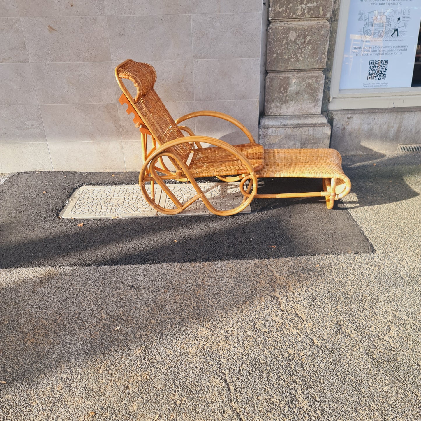 Cane Chair Recliner with Footstool Vintage Style for Balcony or Verandah