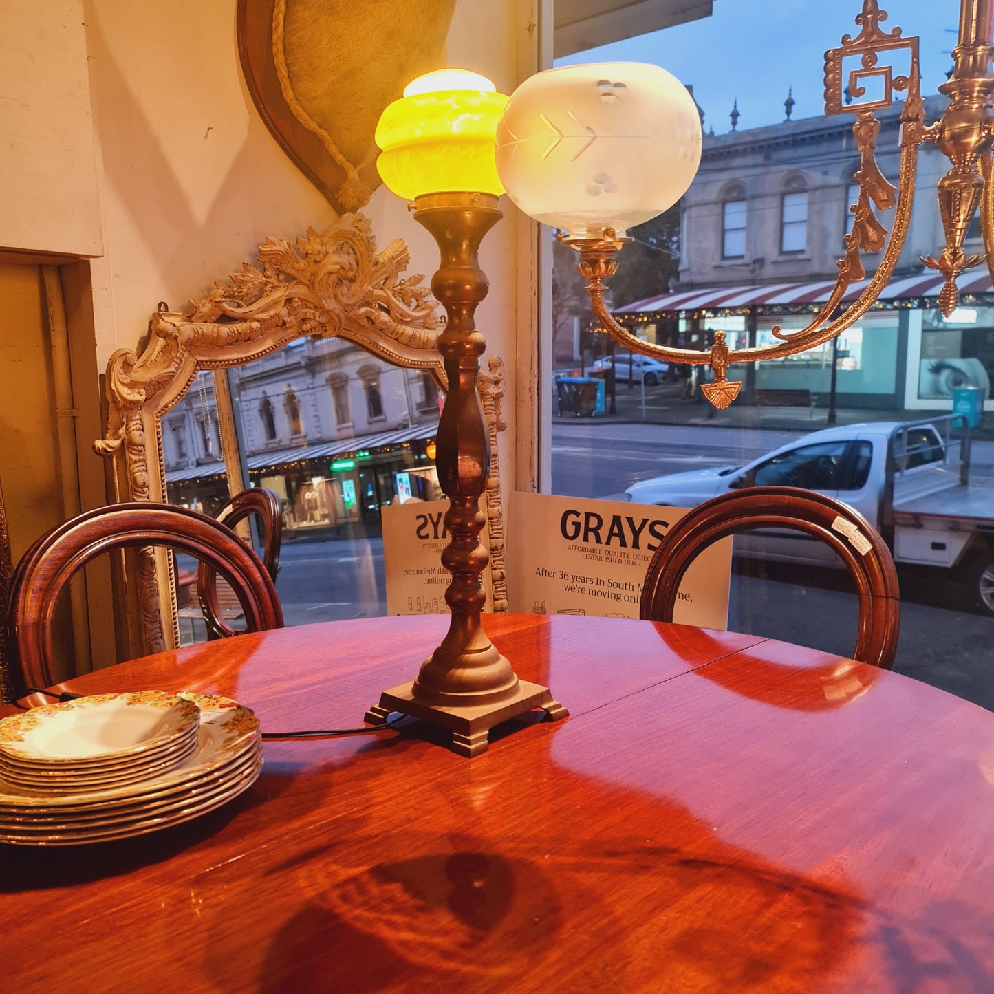 Vintage Tall Table lamp with Brass Base and Marbled Glass Shade