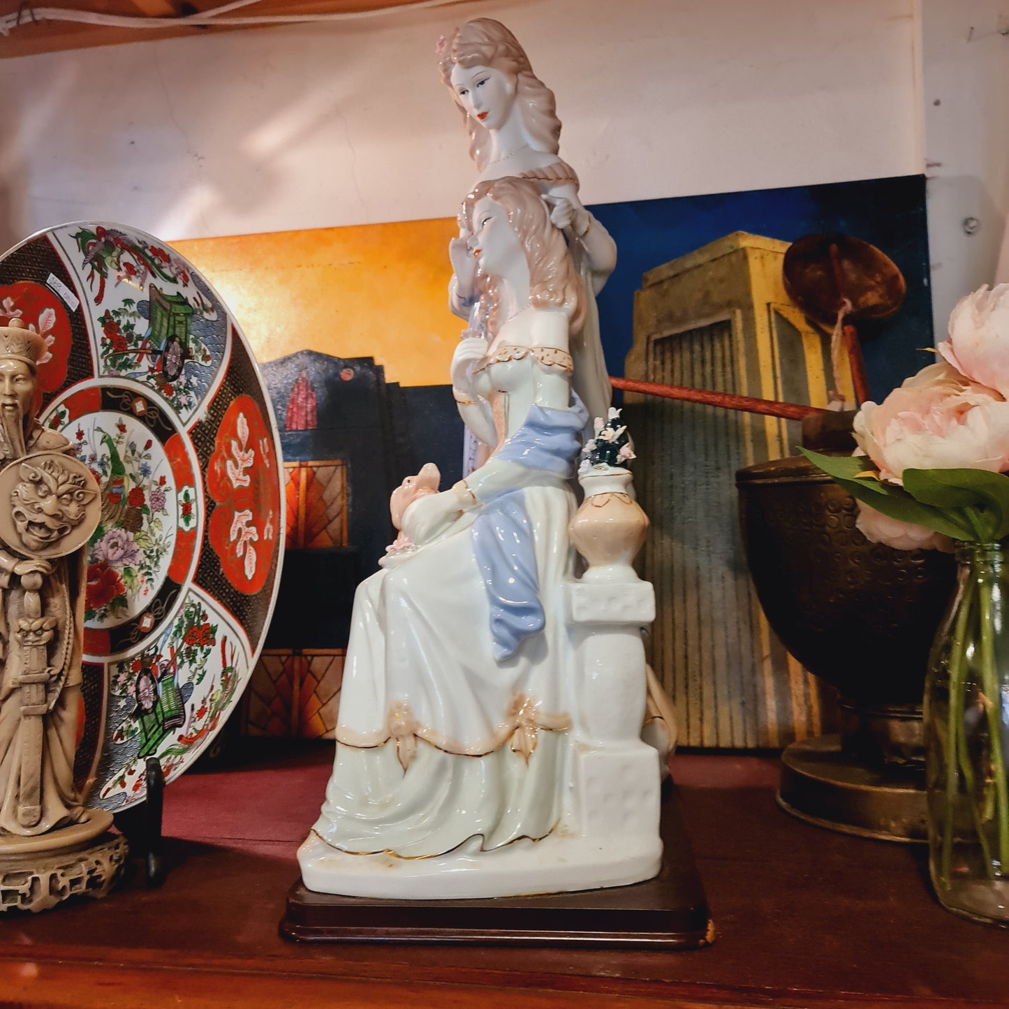 Large Loredano Figurine of Women in Antique Clothing and Dog