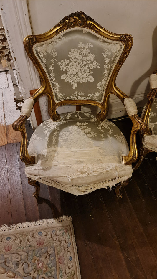 Pair of Shabby Chic Genuine Antique French Gilt Armchairs