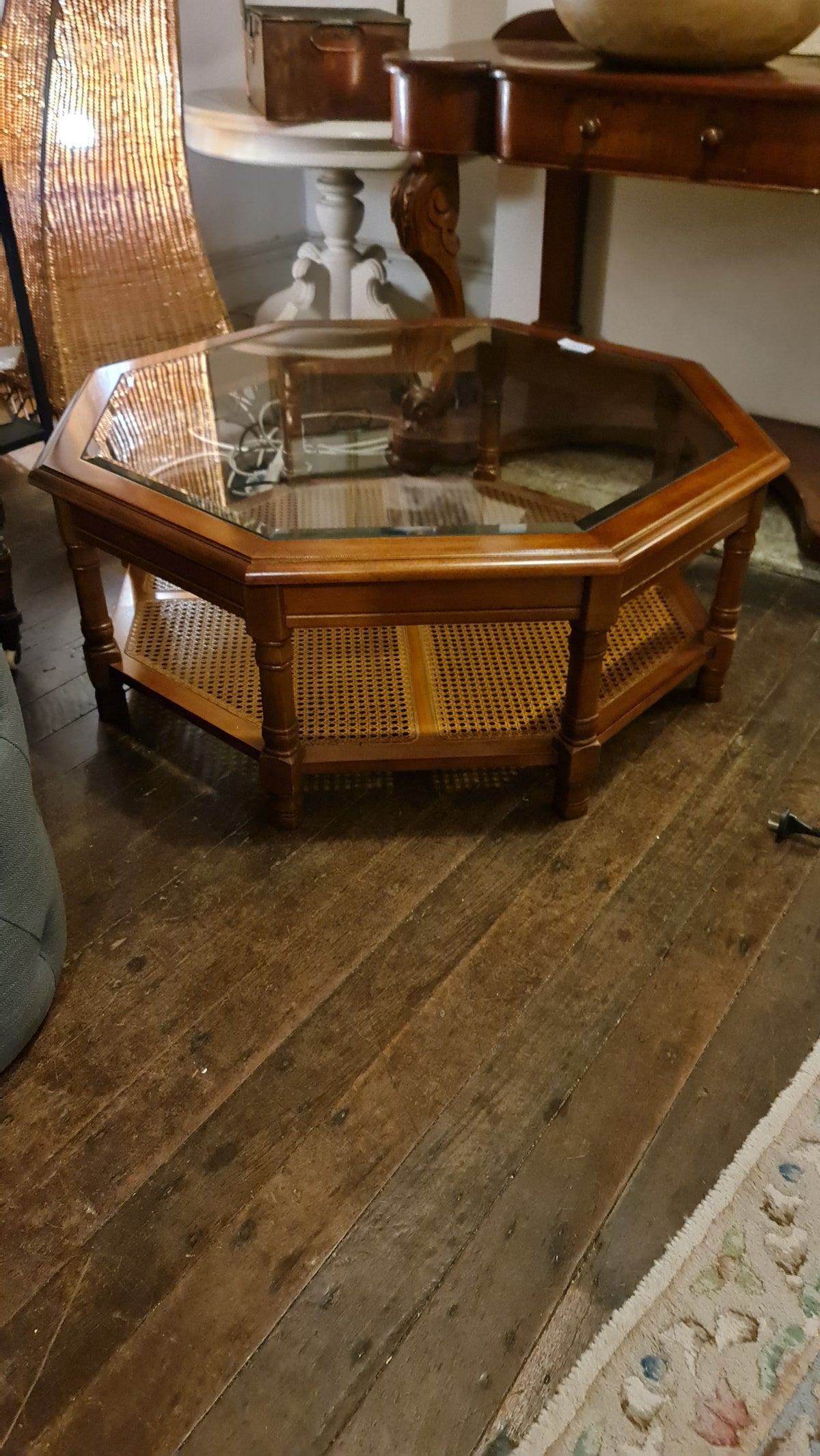Coffee Table Octagonal Wooden Rattan Glass Top