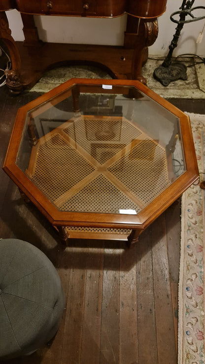 Coffee Table Octagonal Wooden Rattan Glass Top
