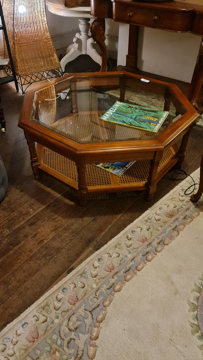 Coffee Table Octagonal Wooden Rattan Glass Top