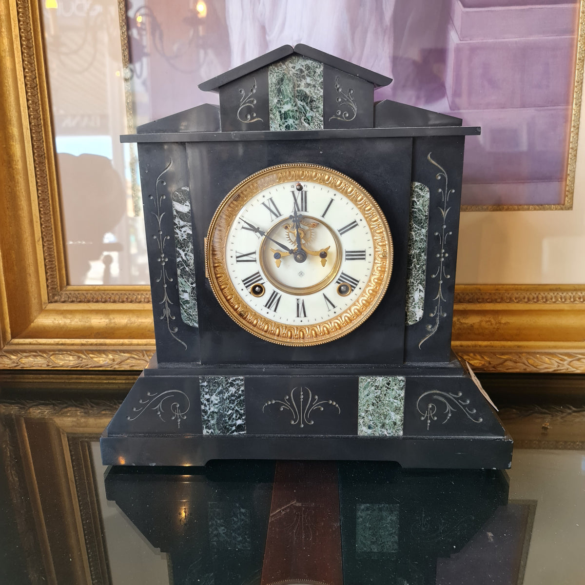 Antique French Clock in Black Slate Marble Appearance