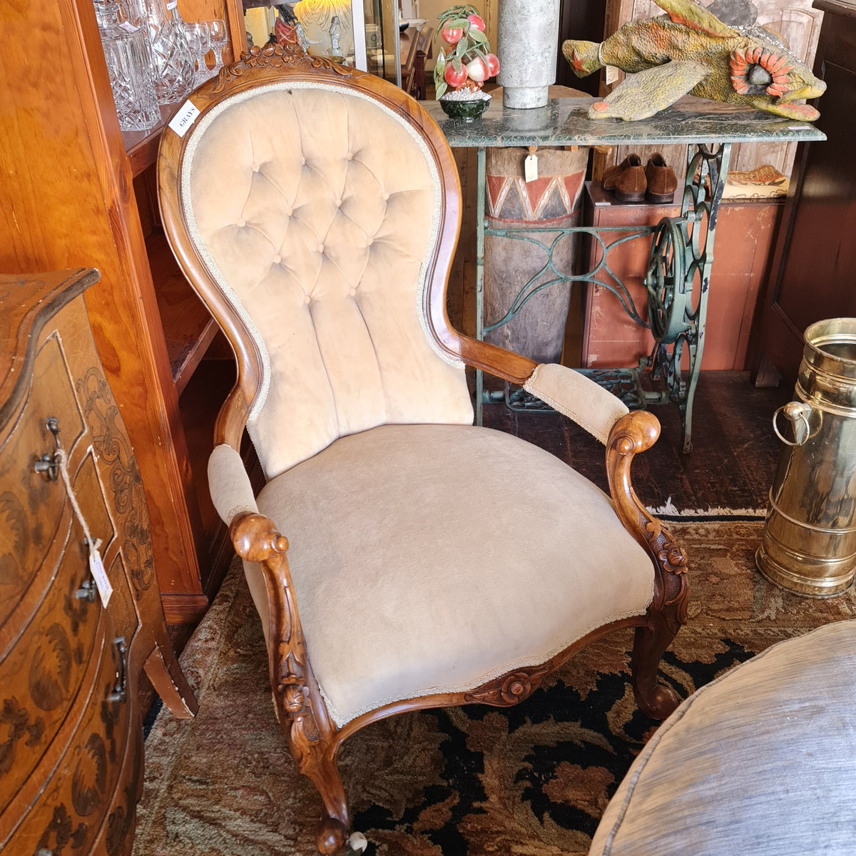 Antique Armchair Salon Style Button Back Wooden Carved