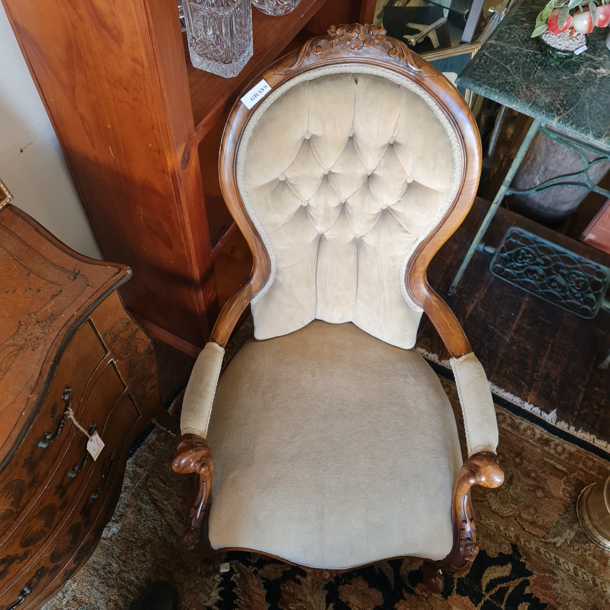 Antique Armchair Salon Style Button Back Wooden Carved