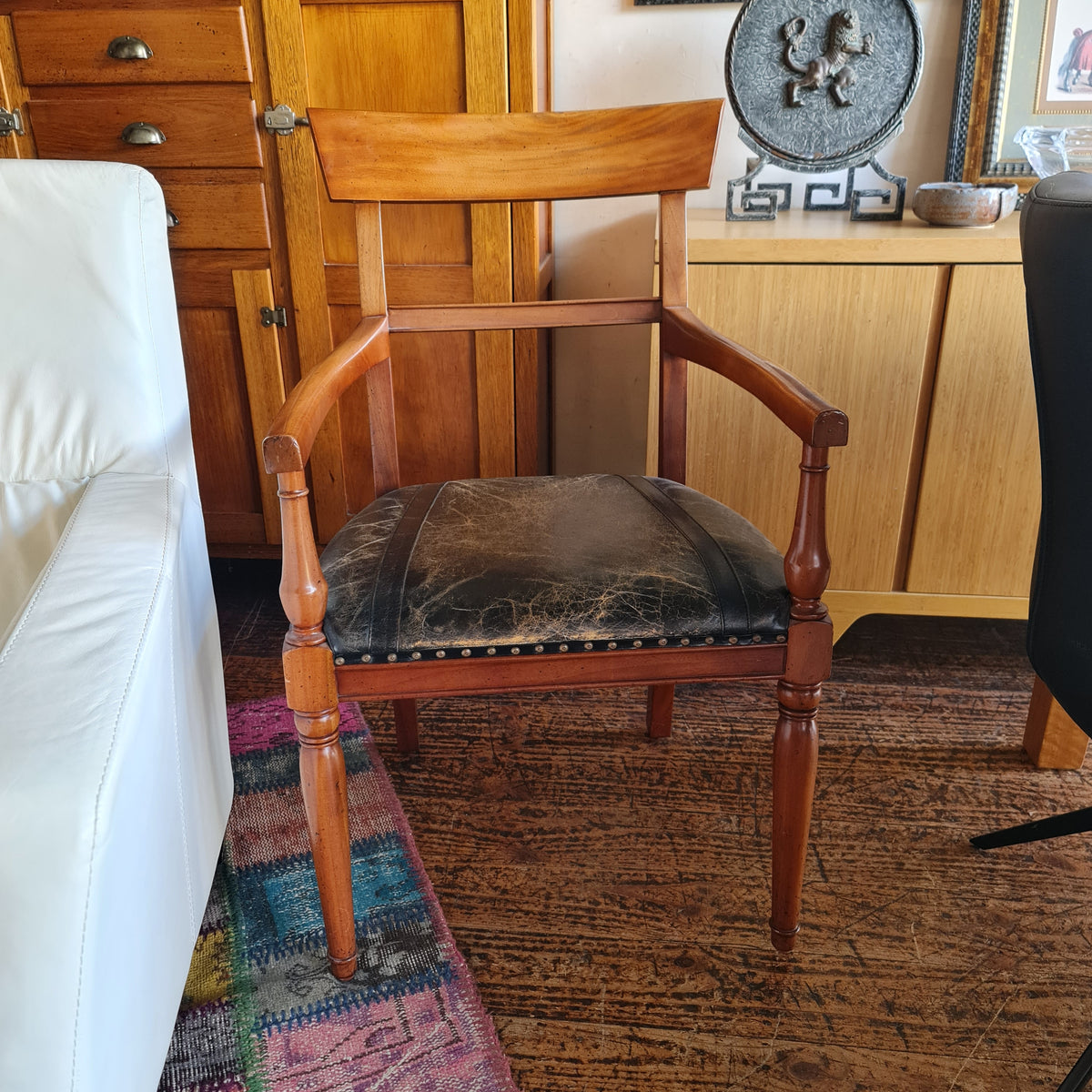 Desk Chair with Arms and Leather Seat Antique