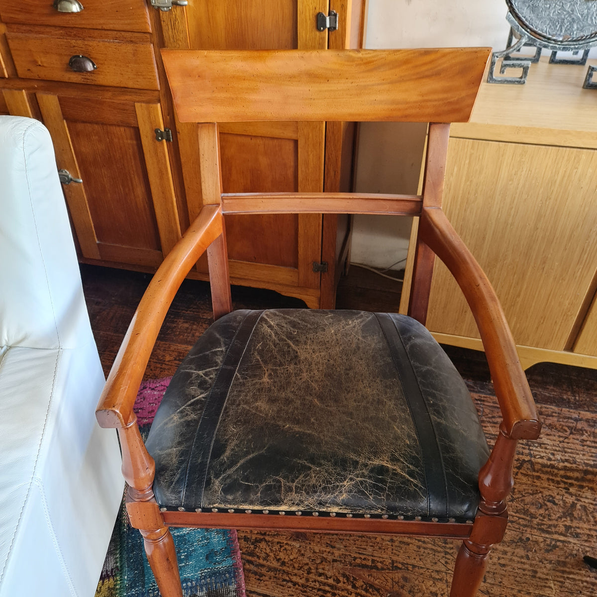Desk Chair with Arms and Leather Seat Antique