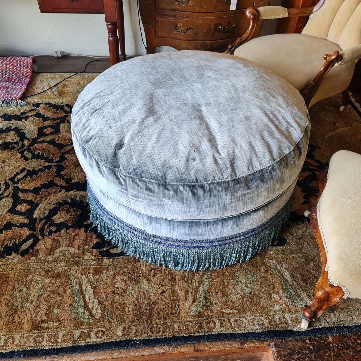 Footstool Ottoman Sky Blue Velvet Circular Round