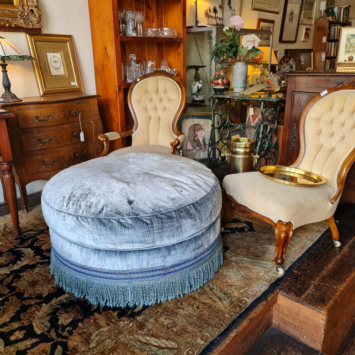 Footstool Ottoman Sky Blue Velvet Circular Round