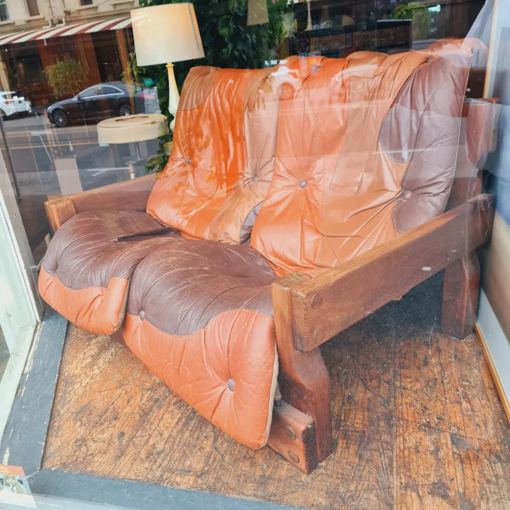 Couch and Chairs Leather 70’s Vintage Post and Rail Reduced
