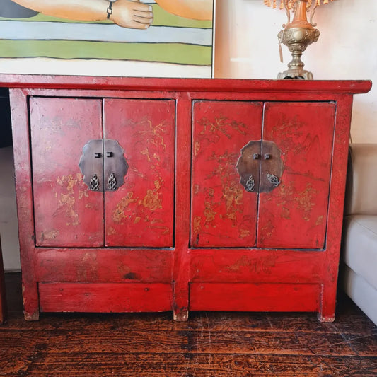 Cabinet Laquered Red Cupboard TV Stand Antique Chinese