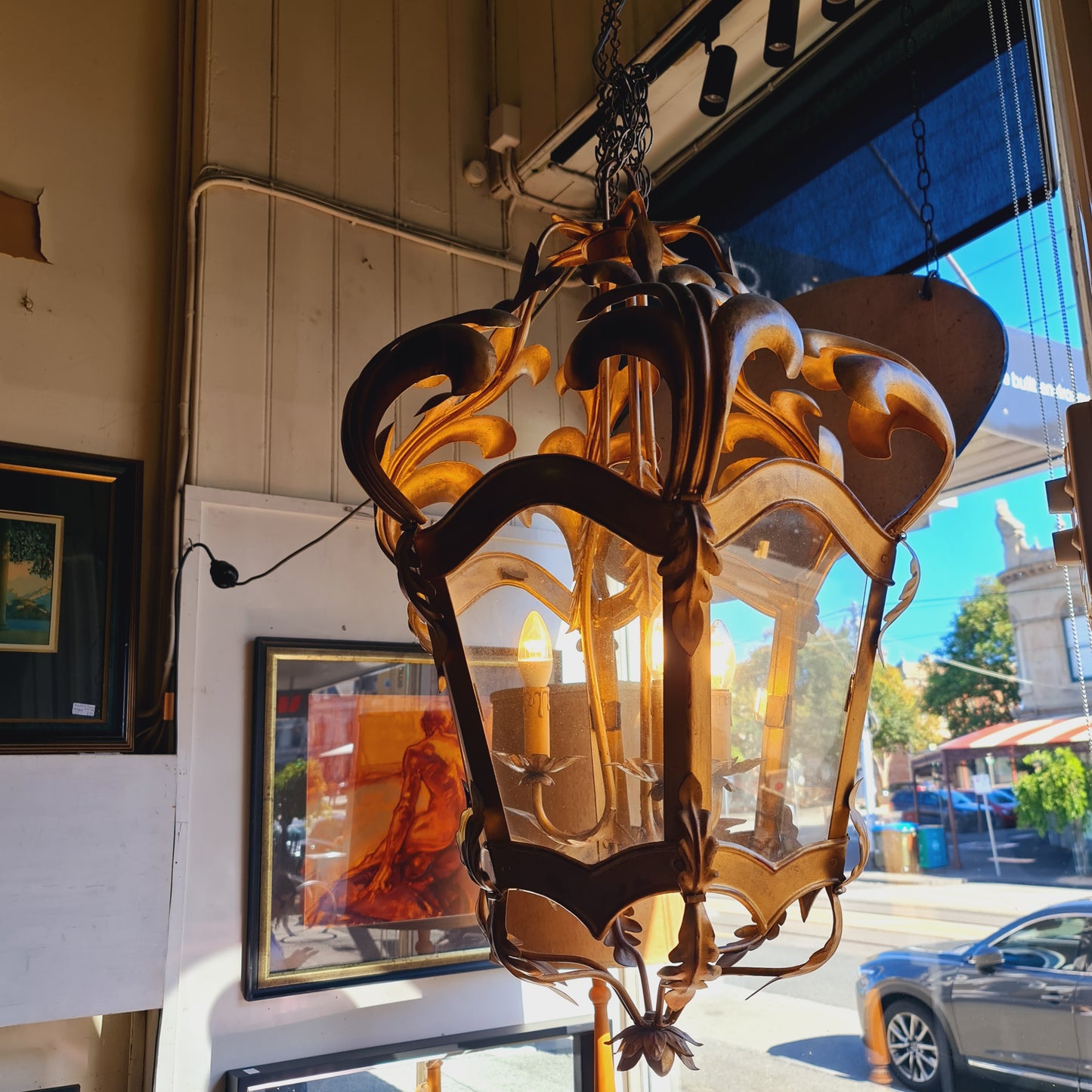 Gilded Suspended Lamp Light Framed in Gold Metal