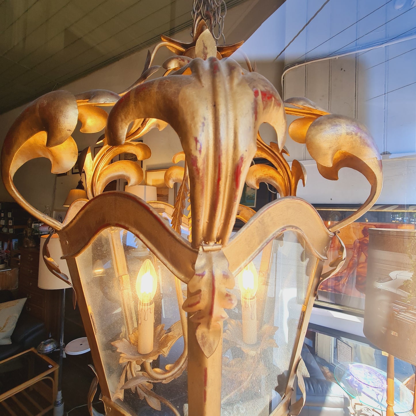 Gilded Suspended Lamp Light Framed in Gold Metal
