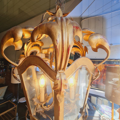 Gilded Suspended Lamp Light Framed in Gold Metal