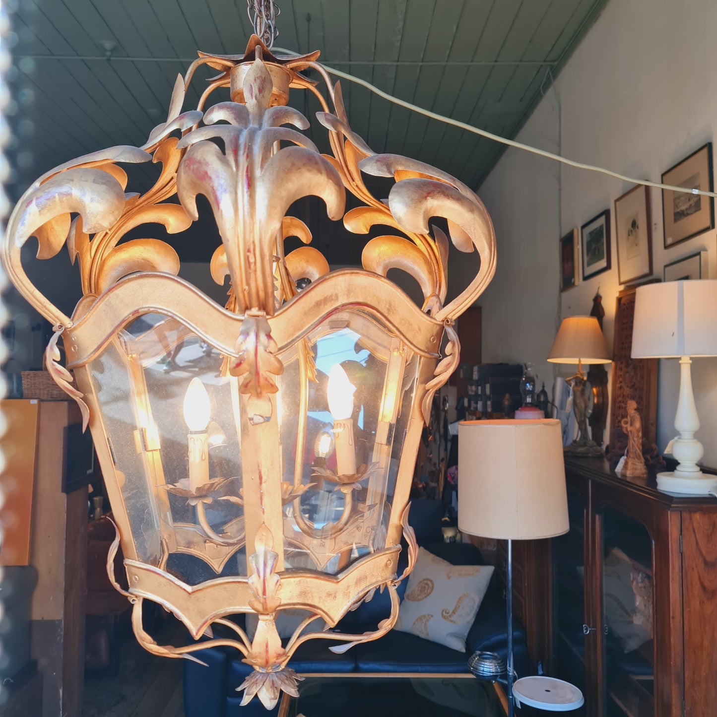 Gilded Suspended Lamp Light Framed in Gold Metal