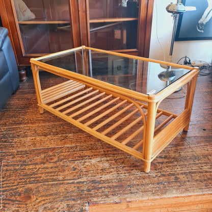 Rectangular Coffee Table with a Cane Frame and a Glass Top