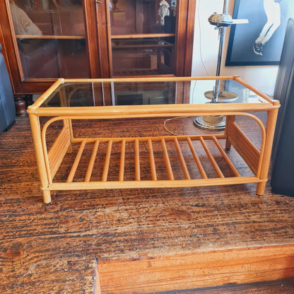 Rectangular Coffee Table with a Cane Frame and a Glass Top