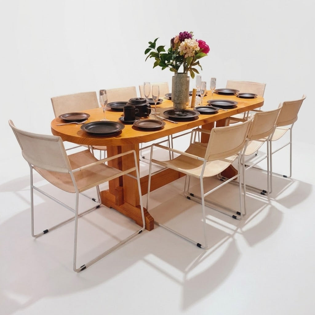 Six Danish Style Chairs with Iron Frames and Off White Leather