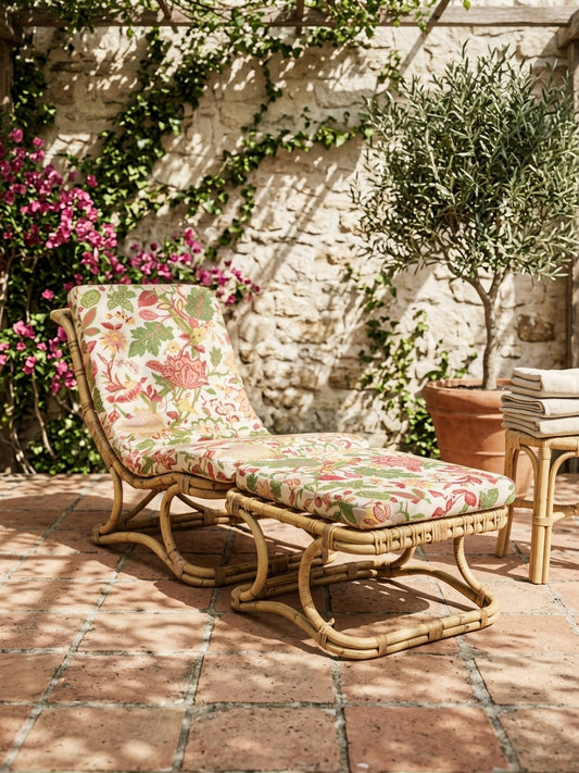 Mid-Century Rattan Chaise Longue with Footrest and Cushion | Vintage