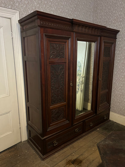 Victorian Triple Wardrobe with Carved Panels and Central Mirror