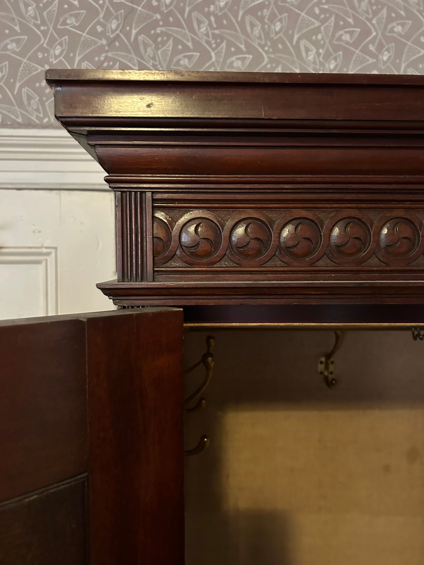 Victorian Triple Wardrobe with Carved Panels and Central Mirror