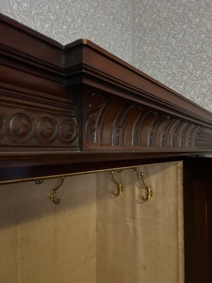 Victorian Triple Wardrobe with Carved Panels and Central Mirror