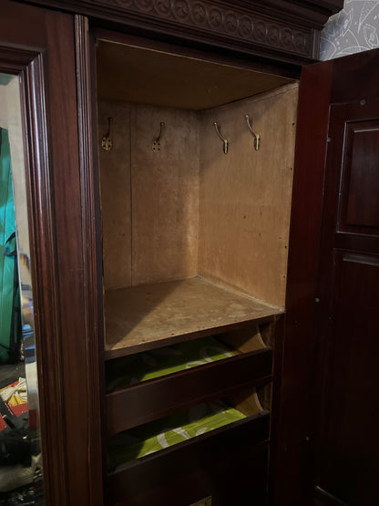 Victorian Triple Wardrobe with Carved Panels and Central Mirror