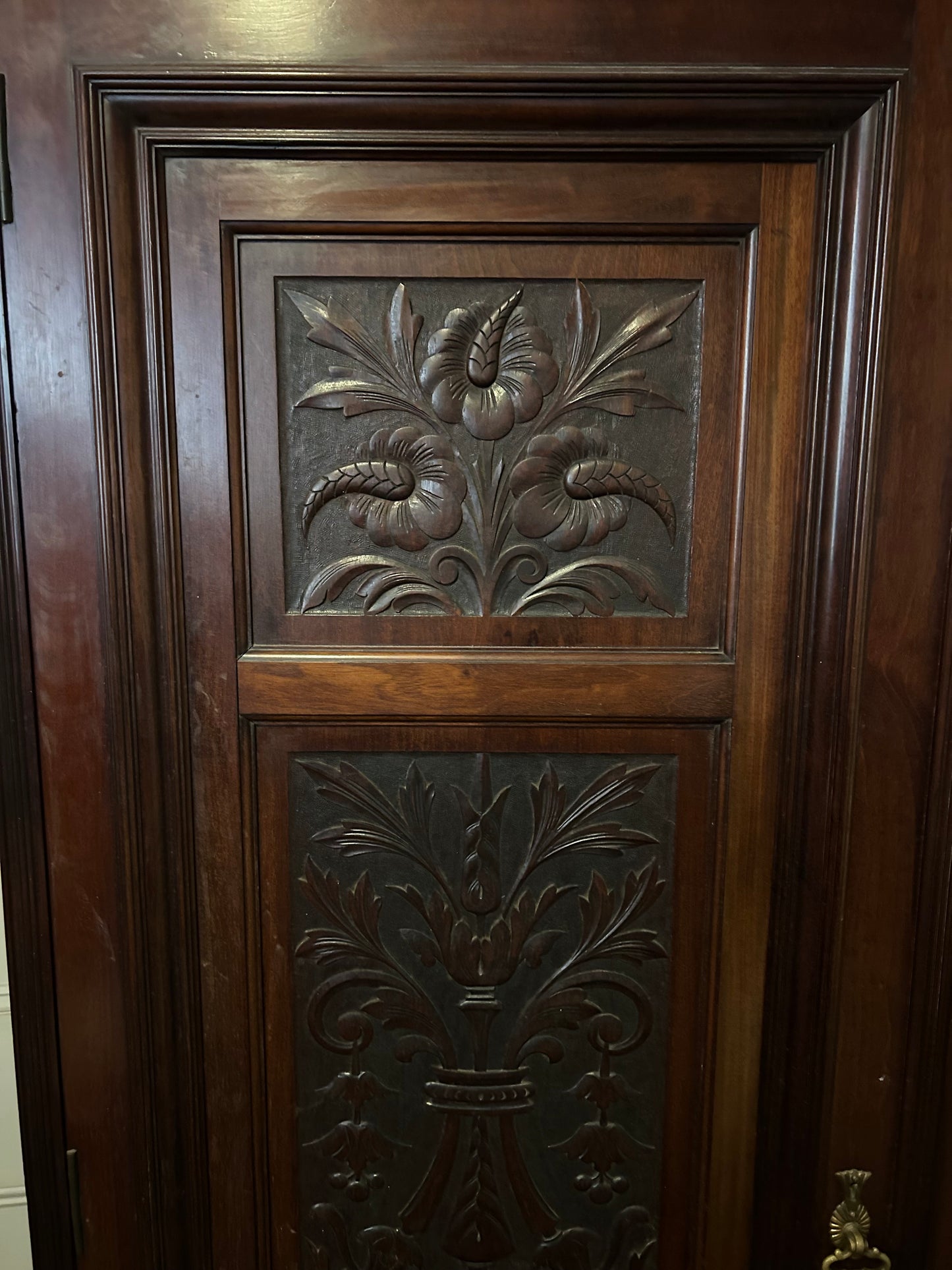 Victorian Triple Wardrobe with Carved Panels and Central Mirror
