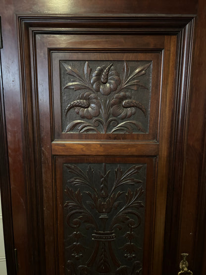 Victorian Triple Wardrobe with Carved Panels and Central Mirror