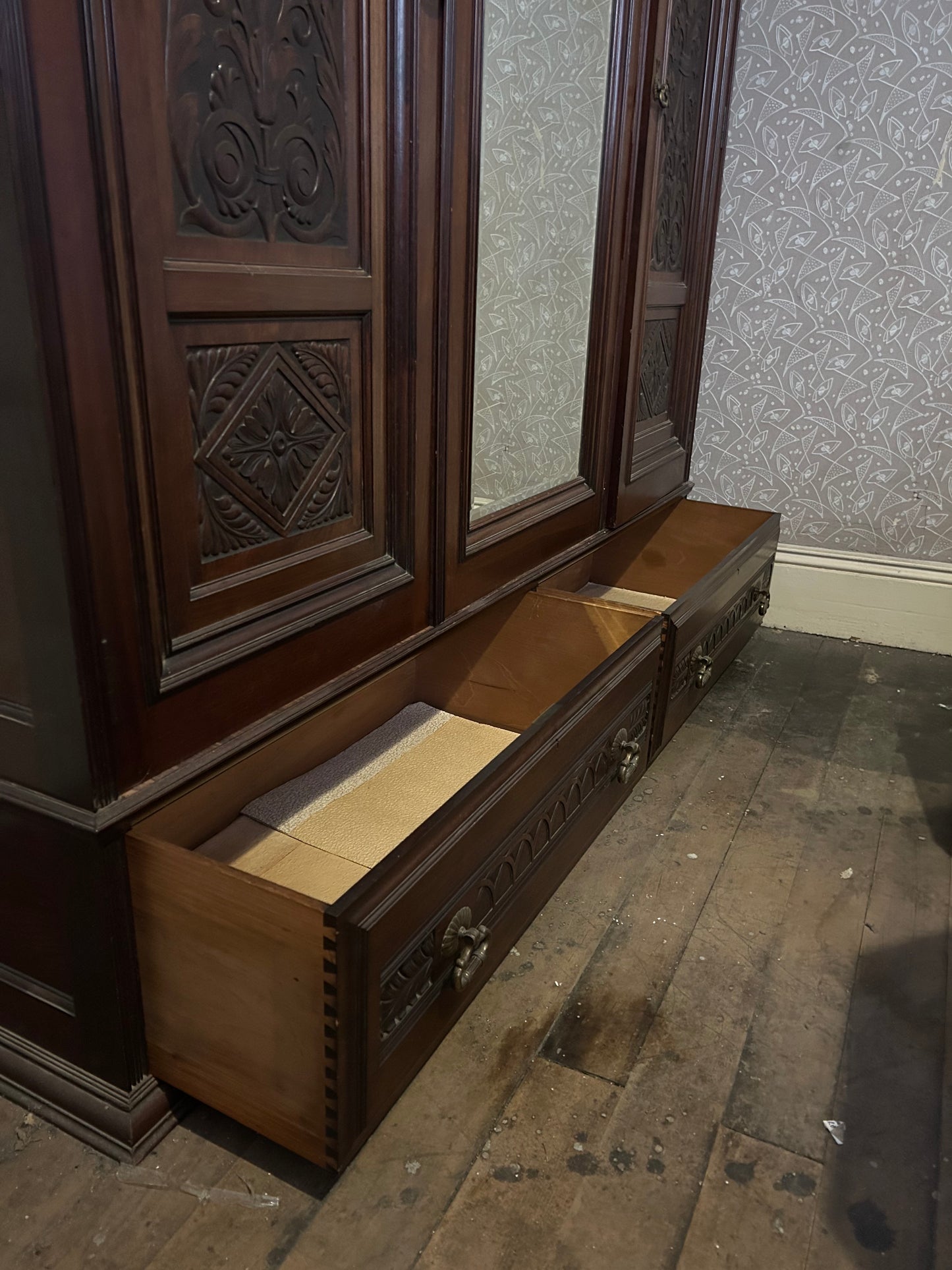 Victorian Triple Wardrobe with Carved Panels and Central Mirror