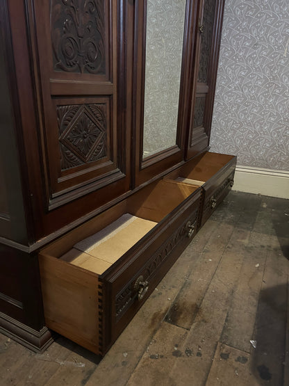 Victorian Triple Wardrobe with Carved Panels and Central Mirror