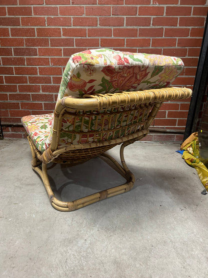 Mid-Century Rattan Chaise Longue with Footrest and Cushion | Vintage