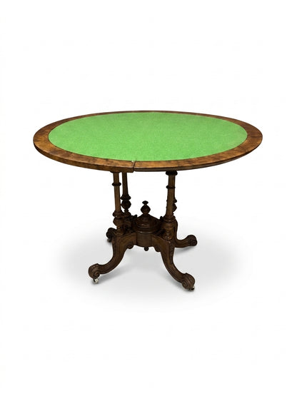Victorian Burr Walnut Fold-Over Card Table with Storage