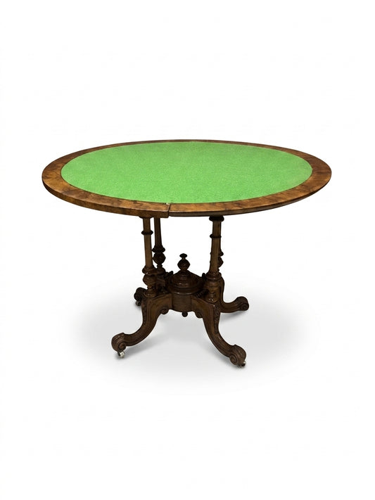 Victorian Burr Walnut Fold-Over Card Table with Storage