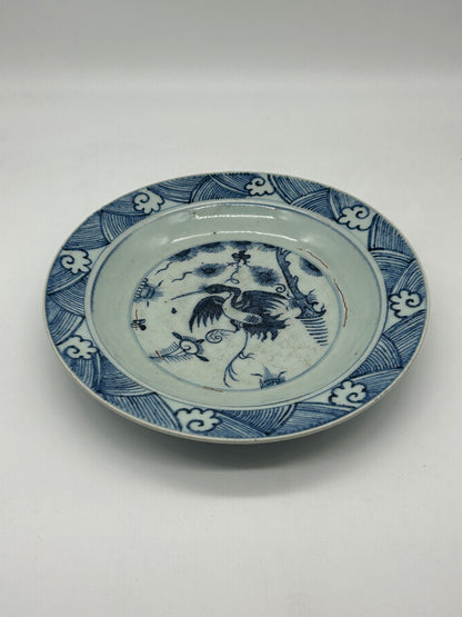 Blue and White Decorative Plate with Bird Motif – Unmarked