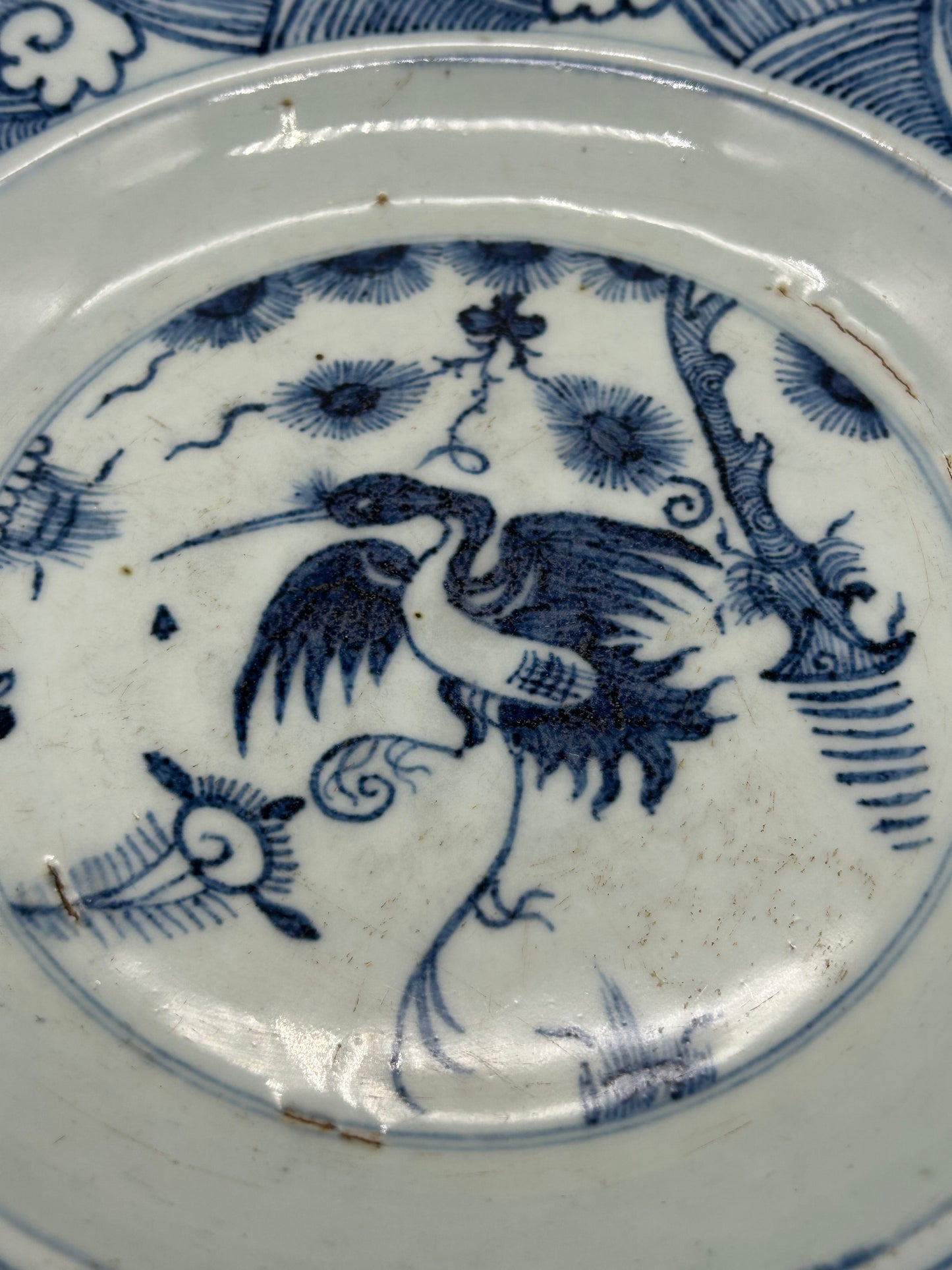Blue and White Decorative Plate with Bird Motif – Unmarked