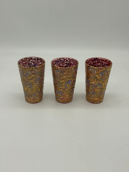 Set of Ornate Gilt Tumblers with Red Interior