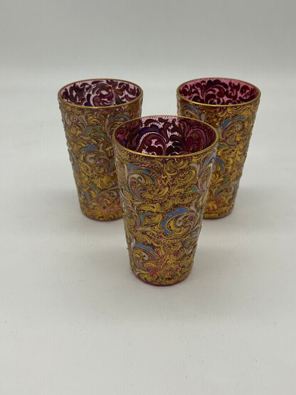 Set of Ornate Gilt Tumblers with Red Interior