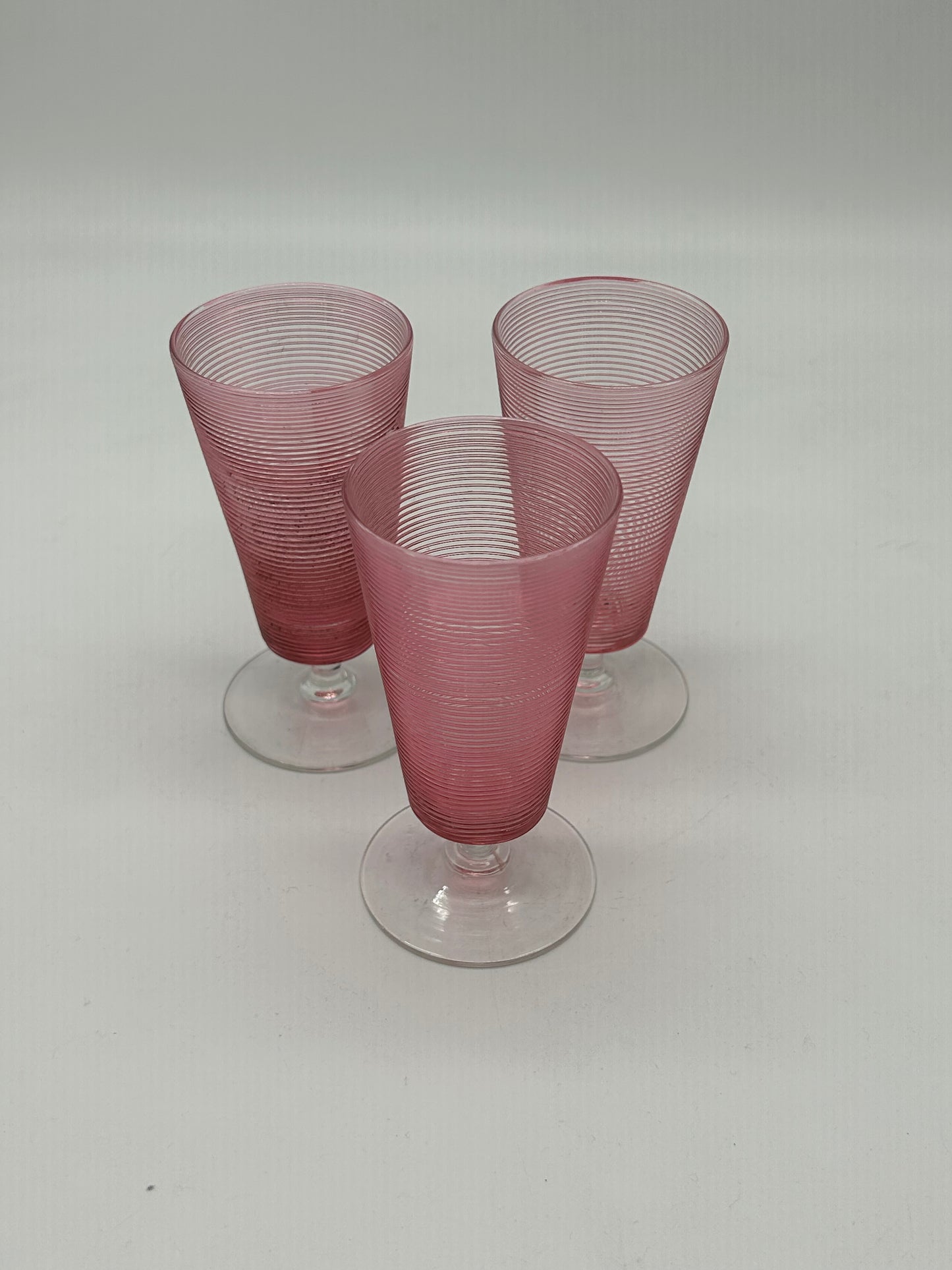 Pink Ribbed Cocktail/Brandy Glasses with Applied Clear Decoration